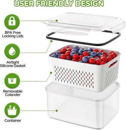 4 PCS Fruit Storage Containers for Fridge, Produce Containers for Fridge with Removable Colander, All-In-One Fruit Washing Bowl with Strainer Microwave/Dishwasher Safe for Salad Berry Lettuce Keeper4