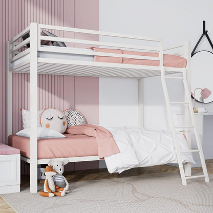 Bunk Bed Twin over Twin Size with Ladder and Guardrail,White1