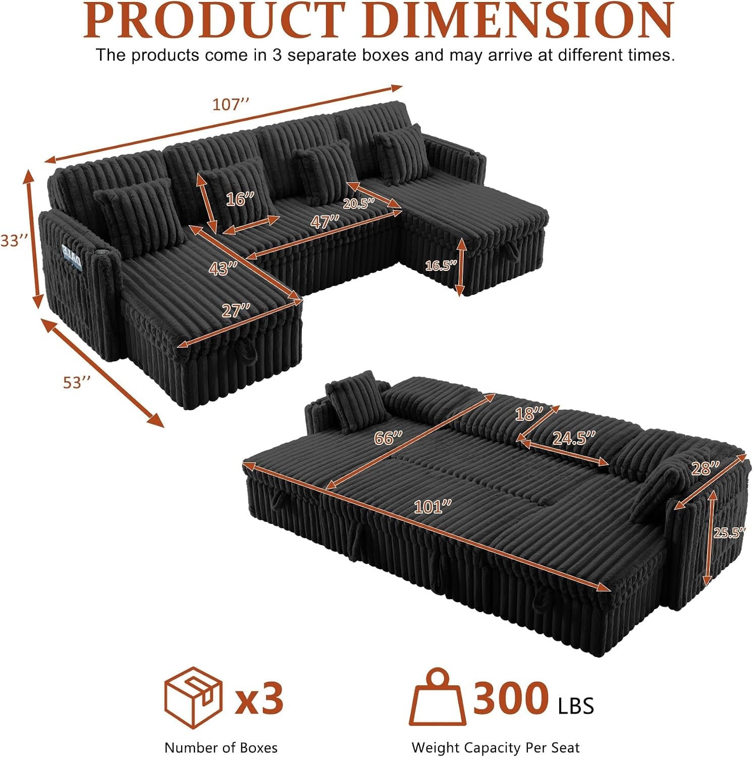 107-sectional-sleeper-sofa-with-pull-out-bed-storage-chaise-adjustable-backrest-usb-charger-cup-holder-side-pocket-fluffy-soft-corduroy-u-shaped-couch-for-living-room-black