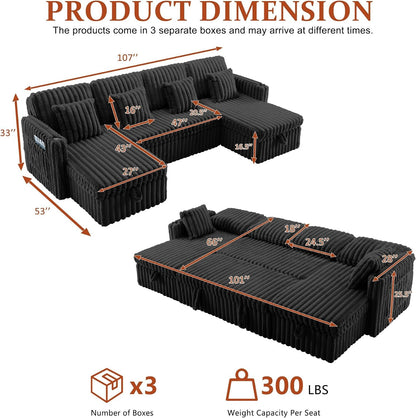 107'' Sectional Sleeper Sofa with Pull Out Bed, Storage Chaise, Adjustable Backrest, USB Charger, Cup Holder & Side Pocket, Fluffy Soft Corduroy U Shaped Couch for Living Room, Black2