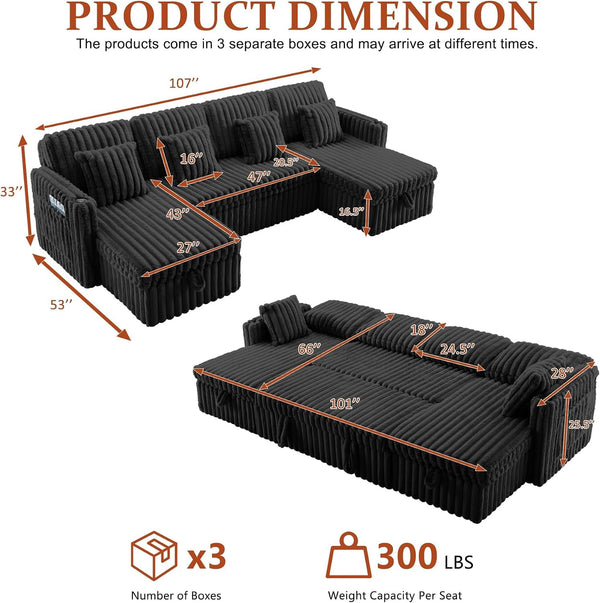 107'' Sectional Sleeper Sofa with Pull Out Bed, Storage Chaise, Adjustable Backrest, USB Charger, Cup Holder & Side Pocket, Fluffy Soft Corduroy U Shaped Couch for Living Room, Black2