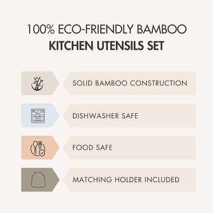 6Pc Bamboo Wooden Cooking Utensil Set with Holder Nonstick Safe Kitchen Tools, Dishwasher Safe8