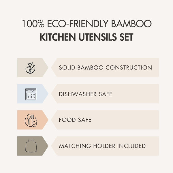 6Pc Bamboo Wooden Cooking Utensil Set with Holder Nonstick Safe Kitchen Tools, Dishwasher Safe8