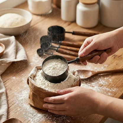 Measuring Cups and Spoons Set, 8PCS Stainless Steel Metal Measuring Cups, Walnut Wood Handle, Black Plated, for Dry and Liquid Ingredients4