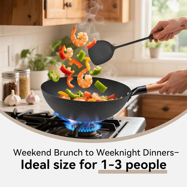 11.8" High Purity Iron Wok Pan,Flat Bottom Stir Fry Pan for Electric,Induction & Gas Stoves,No Chemical Coating Carbon Steel Alternative,Traditional Hand-Hammered Skillet for Cooking2