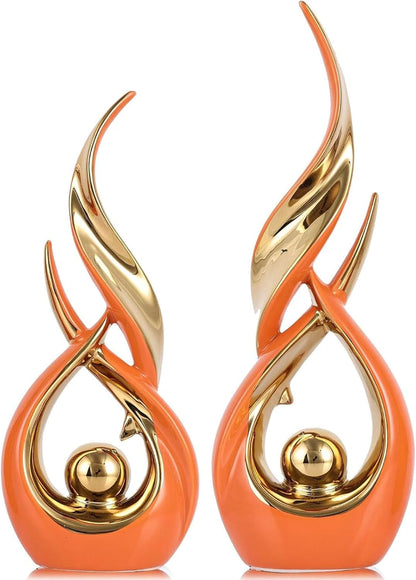 2 PCS Orange Gold Ceramic Statues for Home Decor Accents, Modern Abstract Art Sculptures, Elegant Tabletop Decorative Objects for Dining Room, Entryway, Tv Stand, Mantel, Coffee Table Centerpieces1