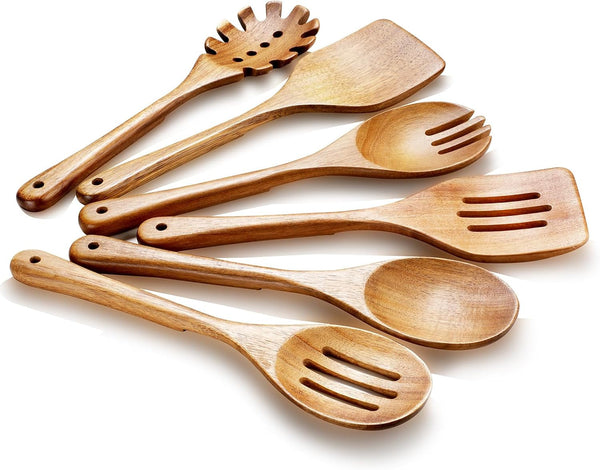 Wooden Cooking Utensils, 6 Pieces Natural Acacia Wooden Spoons for Cooking with Non Stick & Heat Resistant Design, Wooden Kitchen Utensil Set with Hanging Hole for Stirring, Mixing, Cooking1
