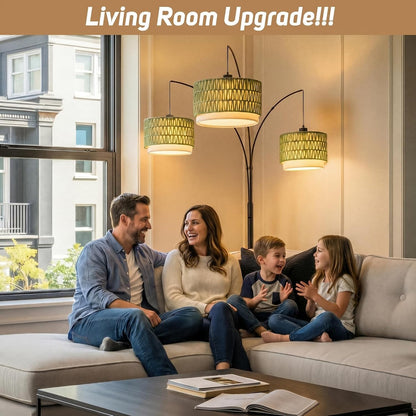 3-Light Arc Rattan Floor Lamp for Living Room,80'' Boho Tree Lamp | Heavy Natural Marble Base, 1/2/3-Light Rotary Switch,Double-Layer Green Wicker/Fabric Shades for Coastal Style,8 Ft+ Ceilings8
