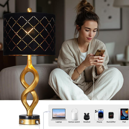 30" Black and Gold Table Lamps Set of 2 for Bedroom, Modern Touch Control Bedside Lamps for Living Room, 3-Way Dimmable Sculptural Resin Nightstand Lamps with USB A+C Ports and 2 LED Bulbs6
