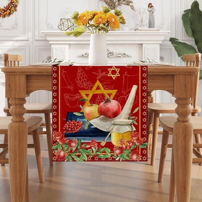 Linen Gold Rosh Hashanah Table Runner Jewish Festival Shana Tova Decorations and Supplies for Home Kitchen Dining Room Table, Colourful, GHJ-10382