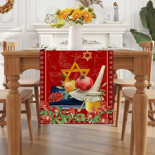 Linen Gold Rosh Hashanah Table Runner Jewish Festival Shana Tova Decorations and Supplies for Home Kitchen Dining Room Table, Colourful, GHJ-10382