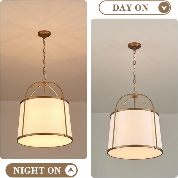 Rustic Modern Chandelier for Entryway, Dining Room Chandelier with Off-White Fabric Shade, Gold Pendant Light Fixture for Bedroom Kitchen Farmhouse6