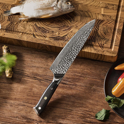 Chef Knife - 8"- Shogun Series Japanese Style VG10 Steel Core Hammered Damascus Blade Kitchen Knife - with Sheath & Case9