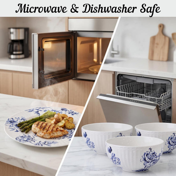 12-Piece Porcelain Dinnerware Set for 4, White & Blue Plates and Bowls Set, Glossy Ceramic Dish Set with Embossed Toile Pattern, Elegant Kitchen Dishes, Microwave & Dishwasher Safe, Cassian2