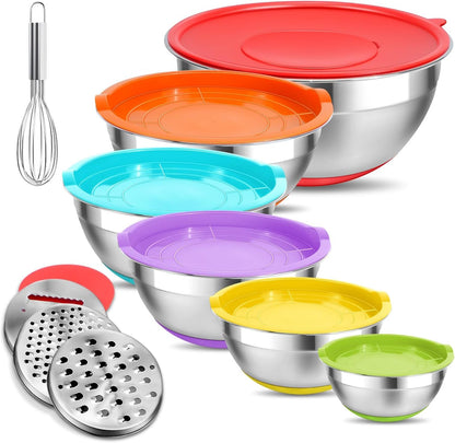 Mixing Bowls with Lids Set,10Pcs Stainless Steel Mixing Bowls with Graters and Egg Whisk &Non-Slip Bottoms Food Prep Nesting Bowls for Baking, Cooking, Meal Storage(1.2Qt-5.5Qt)1