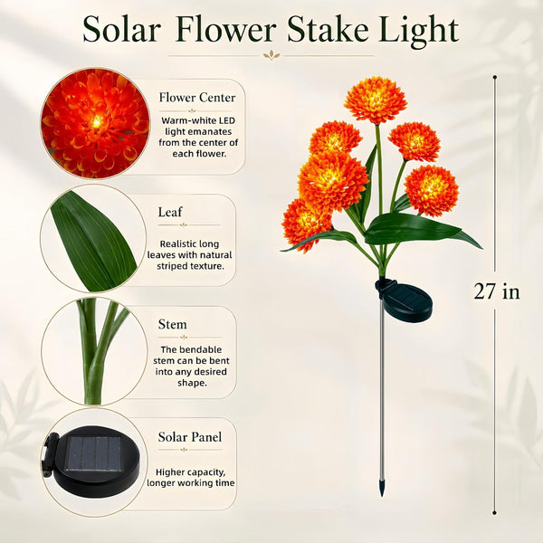 Solar Flower Lights Outdoor, 2 Pack 12 LED Solar Garden Lights, Orange Red Spherical Floral Decorative Lights for Fall, Halloween, Thanksgiving, Patio, Yard, Pathway and Lawn Decorations2