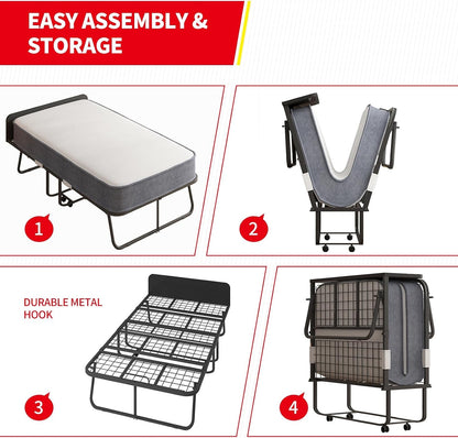 Rollaway Bed with Mattress for Adults, Twin Size Folding Bed with 5” Foam Mattress, Portable Foldable Guest Beds - Sturdy Metal Frame & Dustproof Bag, Hideaway, (75" X 31")5