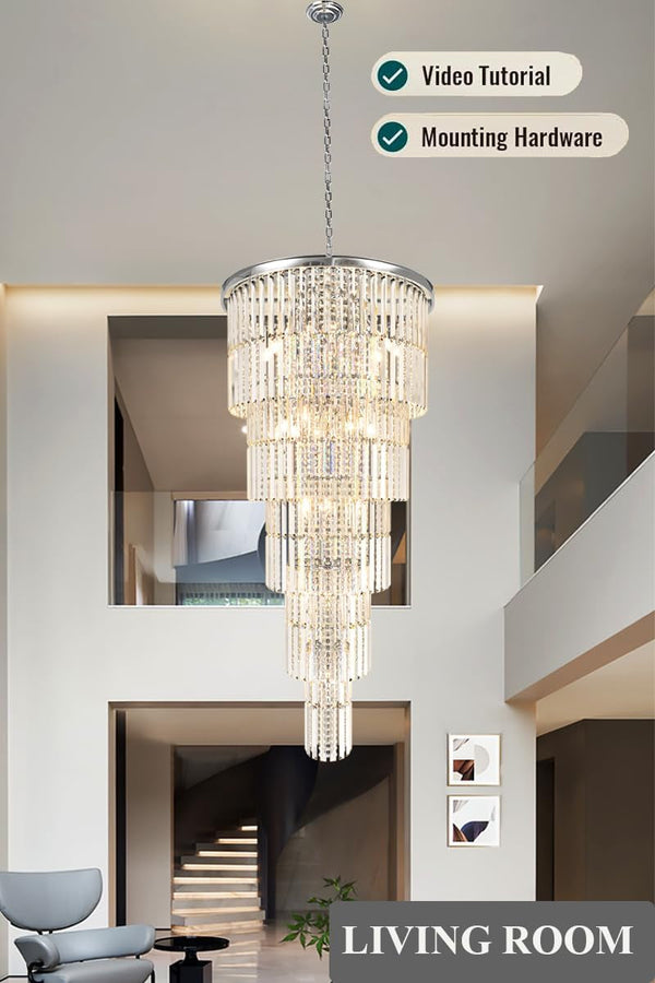 Large Crystal Chandelier for High Ceiling, 28" D X 62" H Modern Chrome Chandelier, 37-Light Luxury Foyer Light Fixture with 79" Adjustable Chain for Staircase Entryway Living Room5