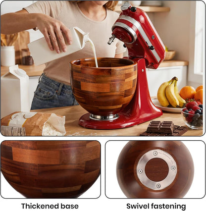 Wood Mixing Bowl for Kitchenaid, 5QT Natural Acacia Wooden Bowl Compatible with Kitchenaid 4.5&5 QT Tilt-Head Stand Mixer, with Stainless Steel Locking Base, for Baking & Mixing5