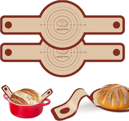 2 PCS Silicone Bread Sling for Dutch Oven, Red | Non-Stick & Reusable Bread Baking Mats with Extra Long Handles, Easily Transfer Sourdough, Round1
