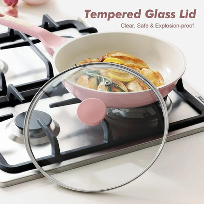 9.5In Nonstick Ceramic Frying Pan with Lid, PFAS/PTFE Free, Pink | Ceramic Omelette Pan Skillet, Healthy Non-Toxic Chef'S Pan, Induction Compatible Pan, Heat Resistant Handle4