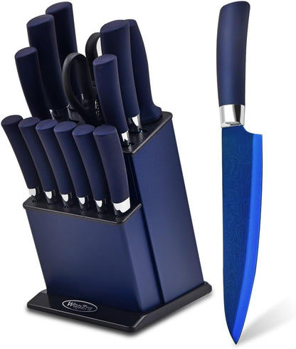 Knife Set, Kitchen Non Stick Knives Set with Block Thick Blade Cutlery Knife Block Sets with Sharpener 6Pcs Steak Knife Shears Chef Sharp Quality Aluminum Alloy Block Blue Handle and Blade1