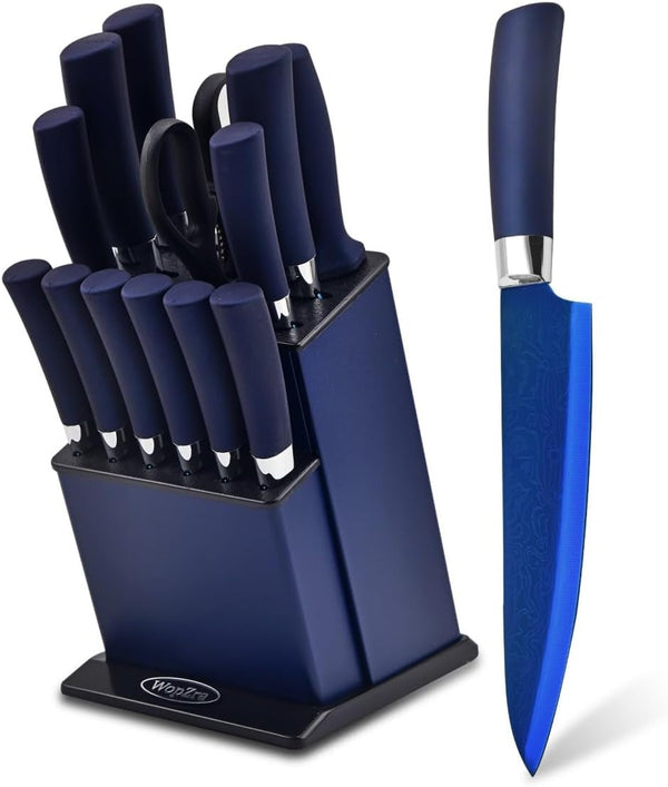 Knife Set, Kitchen Non Stick Knives Set with Block Thick Blade Cutlery Knife Block Sets with Sharpener 6Pcs Steak Knife Shears Chef Sharp Quality Aluminum Alloy Block Blue Handle and Blade1