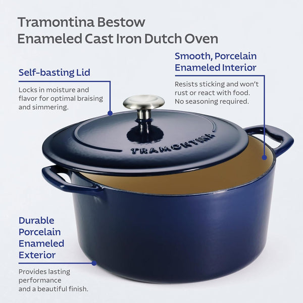 Bestow Enameled Cast Iron 5.5-Qt round Dutch Oven Pot with Lid | Great for Braising, Roasting and Bread Baking - Blue7