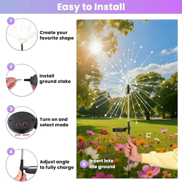 Solar Garden Lights Outdoor Waterproof, 2 Pack 200 LED Colorful Solar Firework Lights, 8 Modes Twinkling Fairy Lights Decorative for Yard Patio Pathway Garden Labor Day Decor3