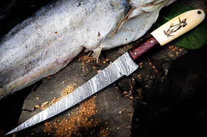 Damascus Fillet Knife - 13" Total Length, 8" Blade, 5" Camel Bone Handle with Engraved Fish Design, Includes Leather Sheath - Handcrafted Precision Knife for Fishing & Culinary Use6
