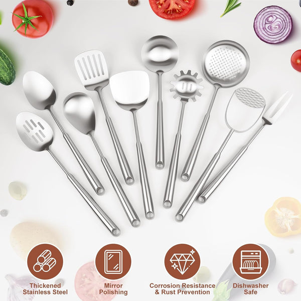 304 Stainless Steel Cooking Utensils Set, 10Pcs Long Metal Kitchen Utensils Set Come with Spoon, Potato Press, Spatula, Ladle, Skimmer, Turner, Pasta Server3