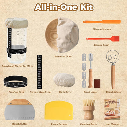 Complete Bread Proofing Basket Kit | All-In-One Set with Banneton(9 In), Sourdough Starter Jar Kit, Bread Lame, Dough Scraper, Whisk, Cutter & Tools2