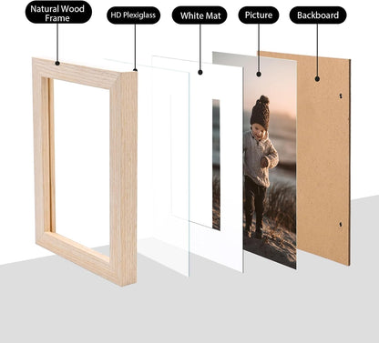6X8 Picture Frame, Natural Solid Wood Frame with Acrylic Plexiglass for Pictures 4X6 with Mat or 6X8 without Mat, Tabletop and Wall Mounting Display Photo Frame 1 Pack3