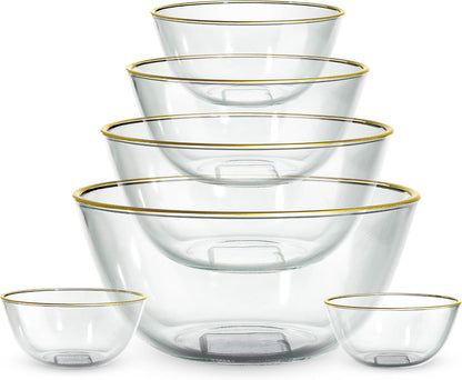12 Pc Glass Mixing Bowl Set with Lids – Borosilicate Glass Nesting Bowls for Cooking, Baking and Meal Prep, Gold Rim9