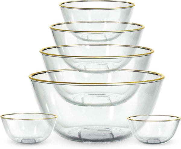 12 Pc Glass Mixing Bowl Set with Lids – Borosilicate Glass Nesting Bowls for Cooking, Baking and Meal Prep, Gold Rim9