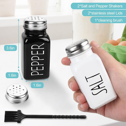 2 Pack Salt and Pepper Shakers Set, Glass Shaker with Stainless Steel Lid, Modern and Cute Farmhouse (Black and White)2