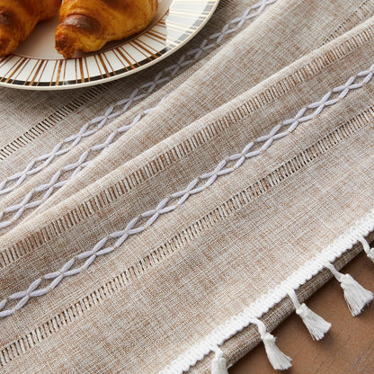 Hemstitched Striped Boho Table Cloth, 54X70 Inch Natural7