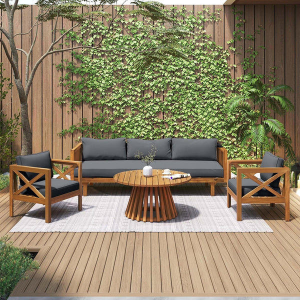 Outdoor 4-Piece Acacia Wood Conversation Set - Patio 3-Seat Loveseat Sofa Daybed with Cushion, 2 Armchair and round Coffee Table for Backyard, Lawn, Balcony, Teak+Dark Gray2