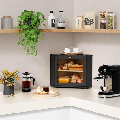 Corner Bread Box for Kitchen Countertop, Black Bread Storage Container for Homemade Bread, Two Layer Breadbox under Cabinet Mount, Large Bread Holder for Kitchen Counter, Pantry Shelf2