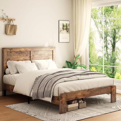 Wood Platform Bed Frame, Queen Bed Frame with Headboard, Dark Brown1