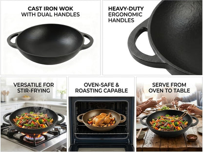 12 Inch Pre-Seasoned Cast Iron Skillet - Wok round Bottomed Frying Pan with Assist Handles,Tempered Glass Lid, Cast Iron Scrubber,Silicone Oven Mitts for Home Baking5