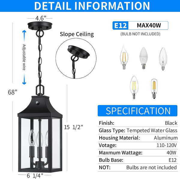 Large Outdoor Pendant Light Fixtures 3-Light, 15'' Dusk to Dawn Exterior Hanging Lantern Porch Light Adjustable, Black Hanging Lamp Farmhouse Exterior Chandelier Ceiling Mount for Entrance Patio5