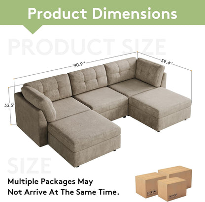 Sectional U-Shaped Sofa for Living Room, Modualr Sofa Couch, Camel | 91" W Modular Sectional Sofa, 3 Seater Couches with Ottoman, Chenille Sofa for Living Room, Apartment, Office2