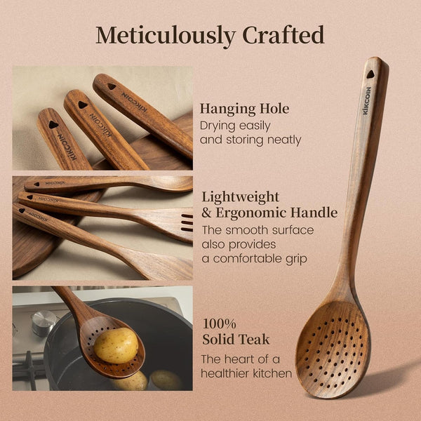 10 PCS Durable Natural Teak Wooden Cooking Utensil Set, Non Toxic Wooden Spoons for Cooking, Wooden Utensil Set for Cooking with Comfort Grip, Nonstick & Easy to Clean Wood Kitchen Utensil Set6