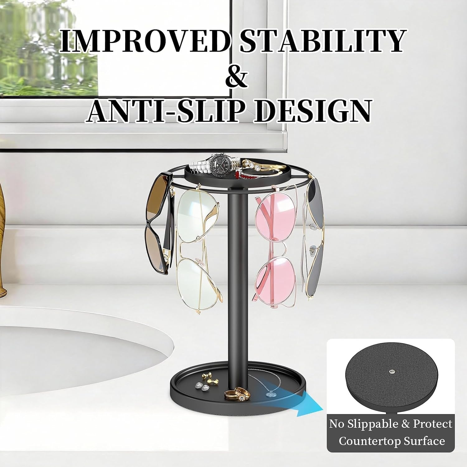 360-rotating-sunglasses-organizer-glasses-holder-with-organizer-tray-stainless-steel-eyeglasses-holder-with-storage-base-for-dresser-desk-table-nightstand-home-decor-black