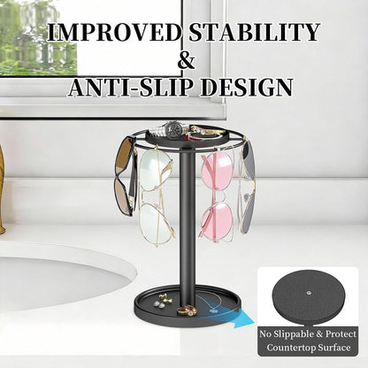 360° Rotating Sunglasses Organizer, Glasses Holder with Organizer Tray | Stainless Steel Eyeglasses Holder with Storage Base for Dresser, Desk Table, Nightstand & Home Decor, Black5