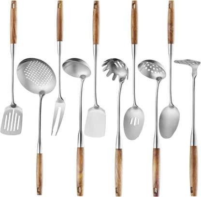 10 Pcs Cooking Utensils Set 304 Stainlss Steel Kitchen Utensils Set Heat Resistant Wooden Handle Kitchen Tools Metal Kitchen Utensil Soup Ladle Set, Dishwasher Safe1