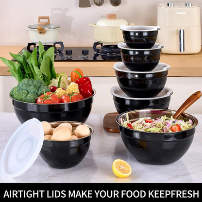 Black Mixing Bowls with Lids Set of 7, Stainless Steel Nesting Bowl with Khaki Lid for Non-Slip Mixing Prepping Storing Serving, 7 Sizes-7/3.6/2.7/2.1/1.5/1/0.8 QT6