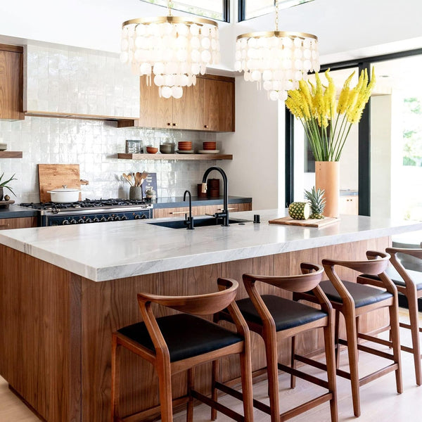 18.2" White Shell Chandeliers, Brushed Brass Finish, Coastal Kitchen Island Light Fixture, 4 Light Modern Pendant Light for Dining Room, Entryway and Bedroom, ETL Listed, AL2608-P45