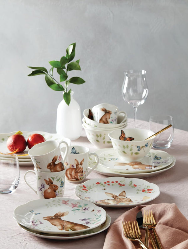 Butterfly Meadow Bunny Porcelain 16-Piece Easter Dinnerware Set for 44